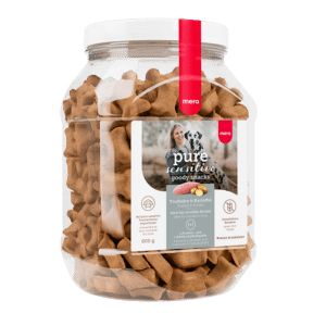 mera-brandpage-pure-sensitive-goody-snack-truthahn-und-kartoffel Picture of a tub of MERA PURE Sensitive Turkey & Potato Goody Snacks.